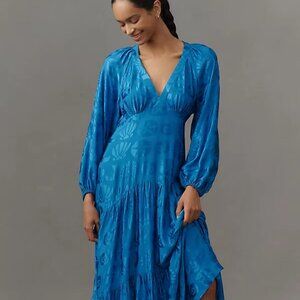 Farm Rio Long-Sleeve V-Neck Jacquard Maxi Dress by Anthropologie Deep blue